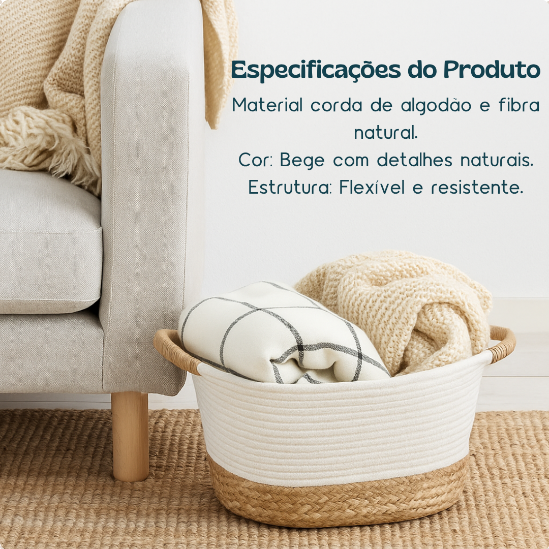 Cesto De Fibra Natural E Algodão Com Alça