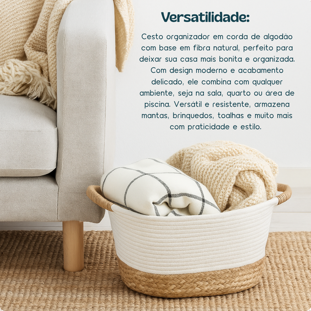 Cesto De Fibra Natural E Algodão Com Alça