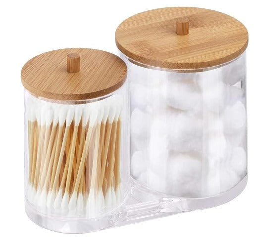 Jogo 2 Potes Organizador Disco Algodão Acrilico Tampa Bambu