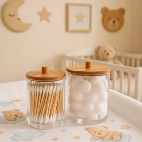 Jogo 2 Potes Organizador Disco Algodão Acrilico Tampa Bambu