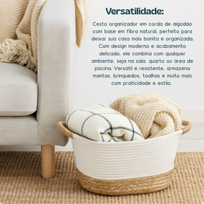 Cesto De Fibra Natural  E Algodão Com Alça